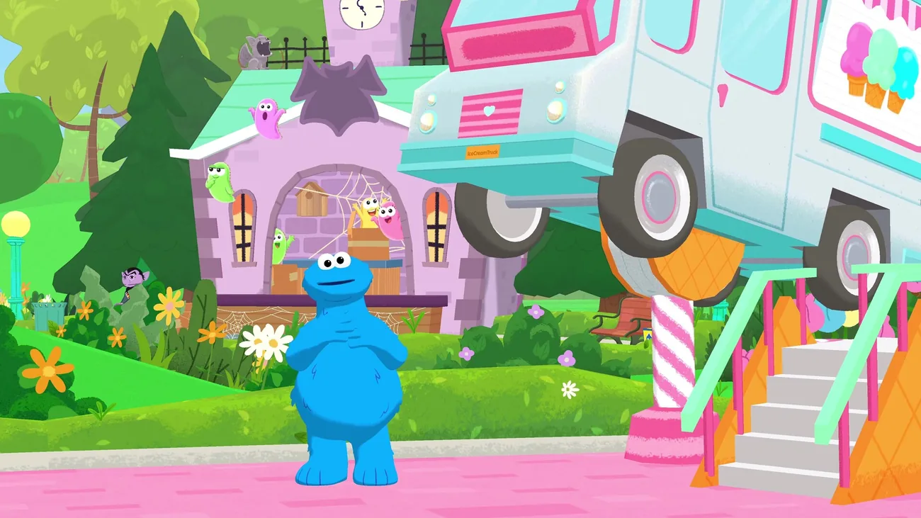 Cookie Monster accanto al camioncino dei gelati.